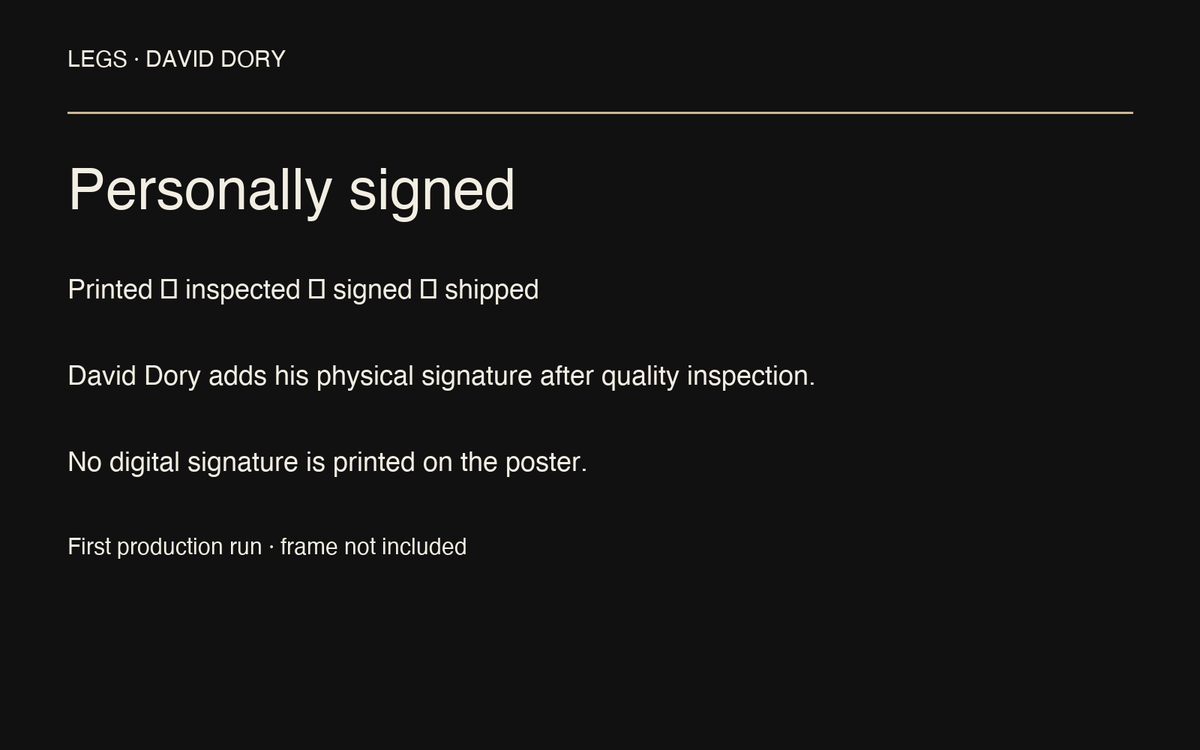 Legs — Signed 24 × 18 Landscape Poster | First-Run Pre-order