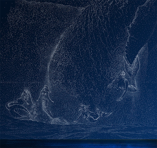 Larger image for the Tee Shirt of The four mermaids in the wash from the breaching humpback whale constellation in the David Dory painting "Star Breach at Sunken City, San Pedro" used for the 2019 Los Angeles Fleet Week Poster.
